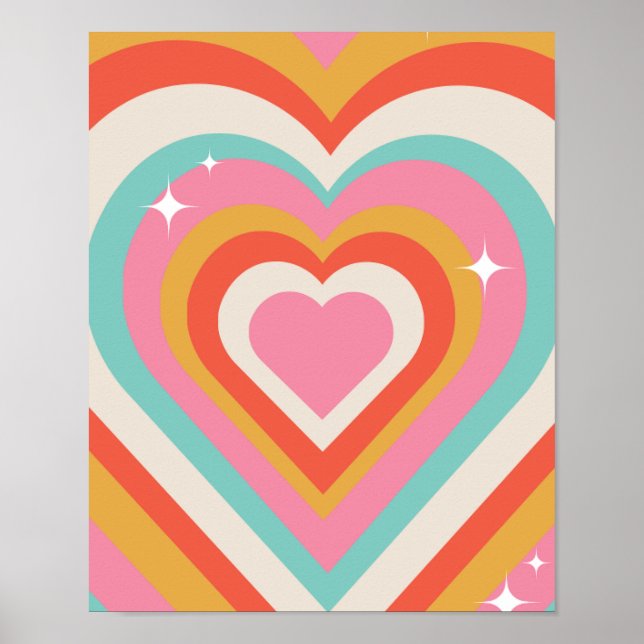 Poster Colorful Retro Hearts with Sparkles | Valentine (Devant)