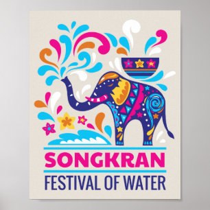 Poster Colorful Songkran Festival Elephant Water