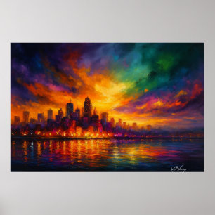 Poster Colorstorm Metropolis Abstrait Skyline au Crépuscu