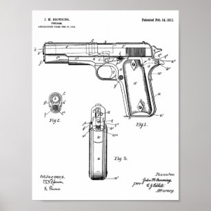 Poster Colt 1911 brunissant la copie de dessin d'art de