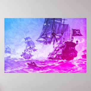POSTER COMBAT DE NAVIRE PIRATE EN BLEU VIOLET