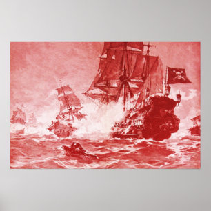 POSTER COMBAT DE NAVIRE PIRATE EN ROUGE ANTIQUE