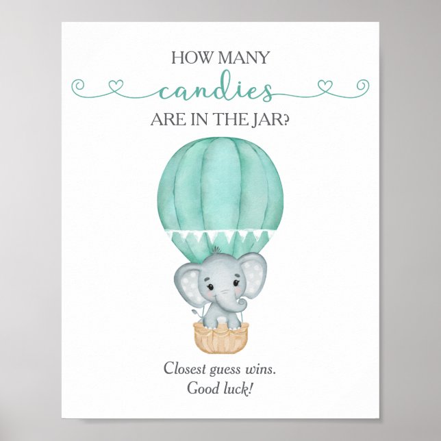 Poster Combien de bonbons Green Elephant Baby shower Jeu (Devant)