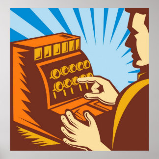 Poster commis aux ventes avec caisse enregistreuse style 