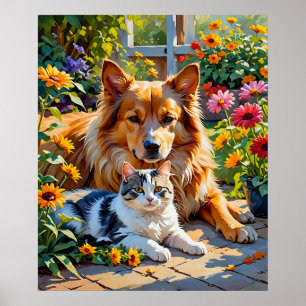 Poster Compagnons de jardin Chat et Chien