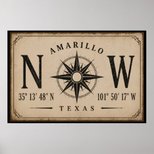 Poster Compas Coordonnées Vintage Amarillo Texas