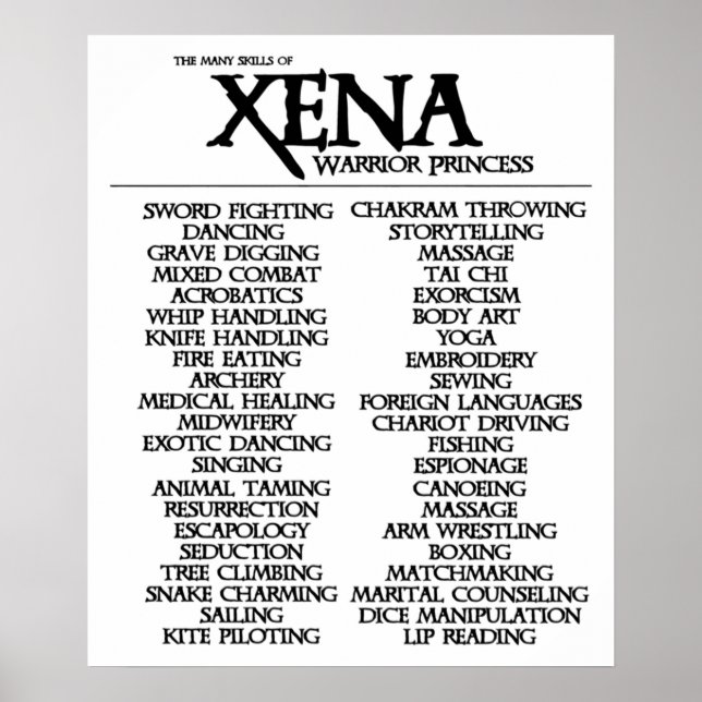 Poster Compétences De Xena (Devant)