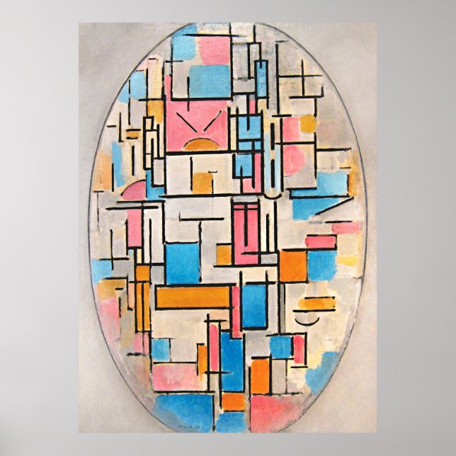 Poster Composition de Mondrian en ovale avec plans de cou (Devant)