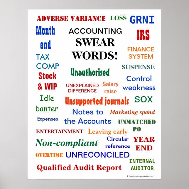 Poster COMPTE MOTS ESSENTIELS Bureau des finances Humour (Devant)