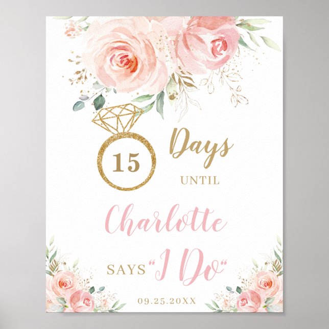 Poster Compteur de jours pour le mariage floral rose past (Devant)