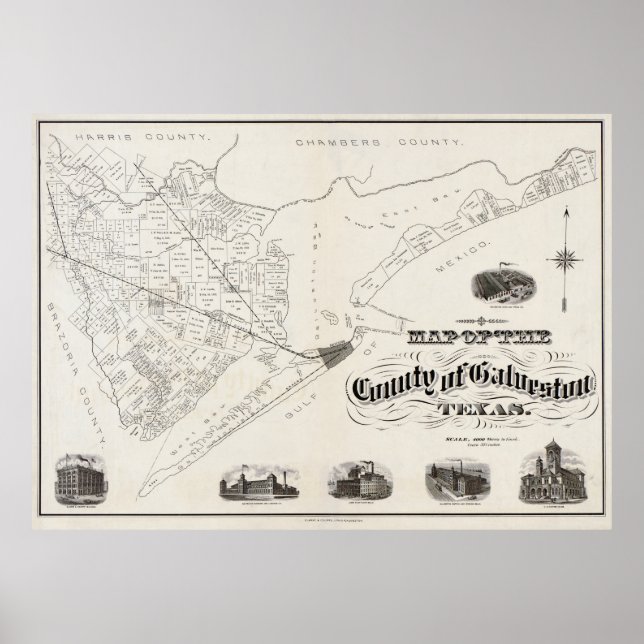 POSTER COMTÉ DE GALVESTON TEXAS MAP 1902 (Devant)