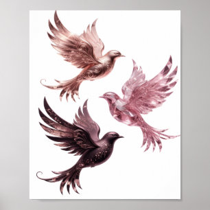 Poster Conception argentée accrocheuse TROIS OISEAUX ROSE