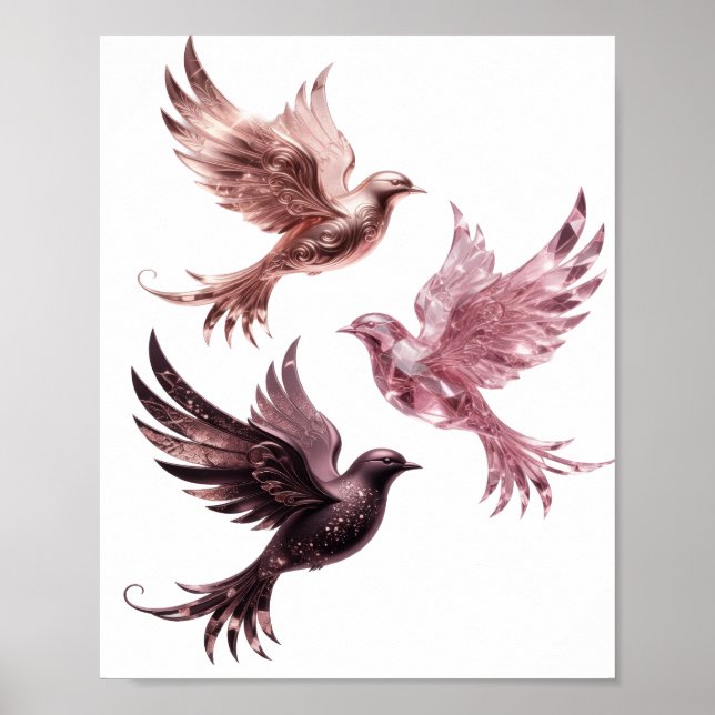 Poster Conception argentée accrocheuse TROIS OISEAUX ROSE (Devant)