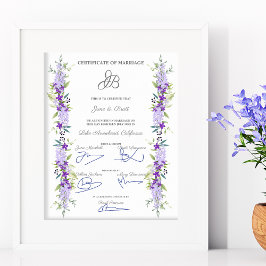 Poster Conception de certificat de mariage avec fleurs et