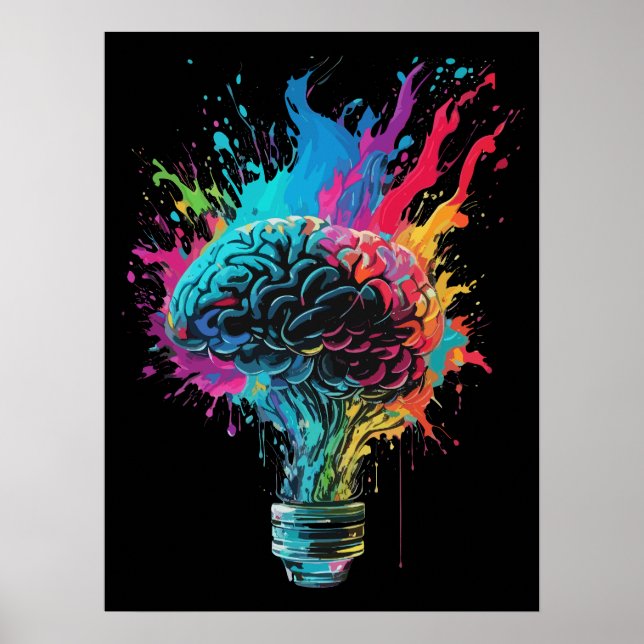 Poster Conception de cerveau avec explosion d'ampoule col (Devant)