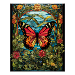 Poster Conception de fenêtre en verre teinté de papillon 