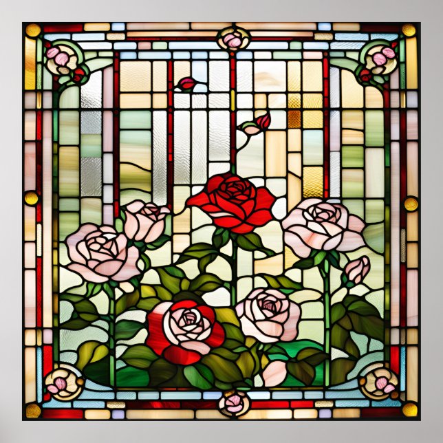 Poster Conception de jardin de roses à l'aspect de vitrai (Devant)