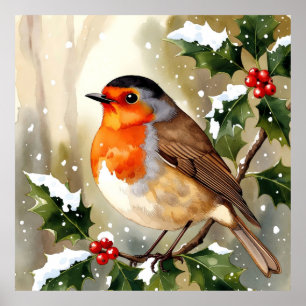Poster Conception de Noël de rouge-gorge à l'aquarelle