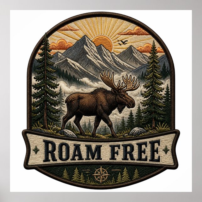 Poster Conception de patch brodé d'orignal Roam Free (Devant)