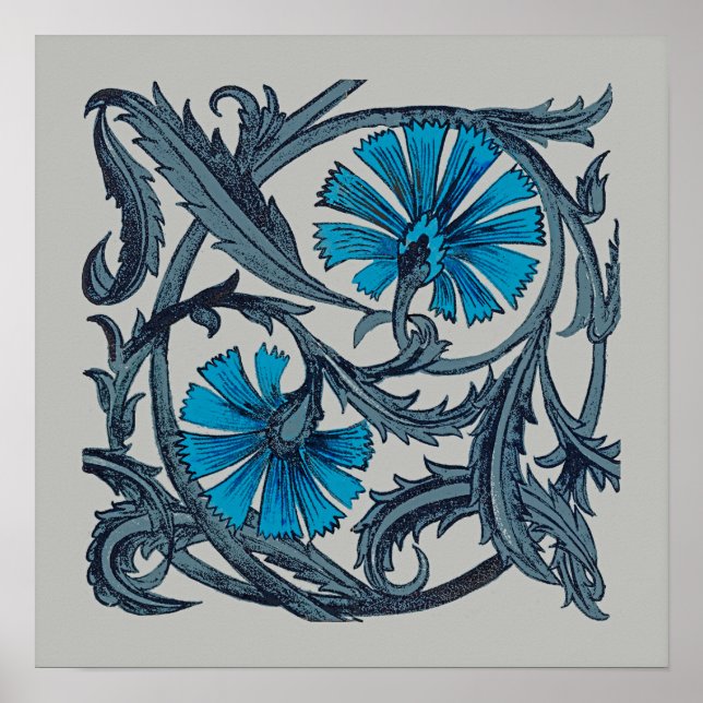 Poster conception graphique d'art de fleur antique bleu v (Devant)