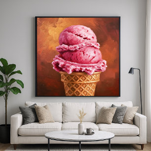Poster Cône de crème glacée fraise - Art de style peintre