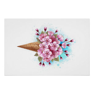 Poster Cône rose Sakura crème glacée gaufre