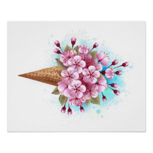Poster Cône rose Sakura crème glacée gaufre