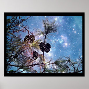 Poster Cônes de pin de Noël sous un ciel nocturne étoilé