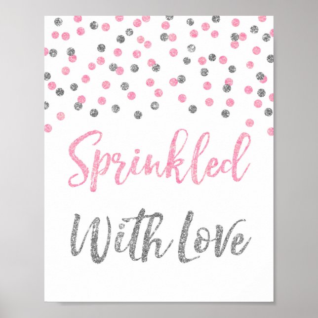 Poster Confetti d'argent rose parsemé d'un signe d'amour (Devant)
