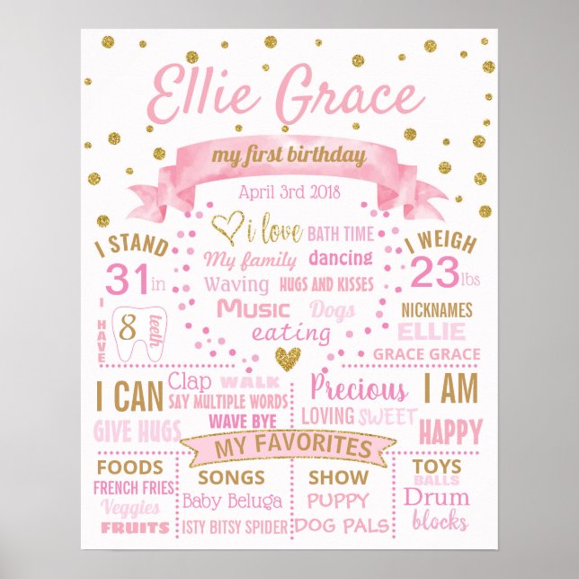 Poster Confetti Pois Première fête d'anniversaire enseign (Devant)