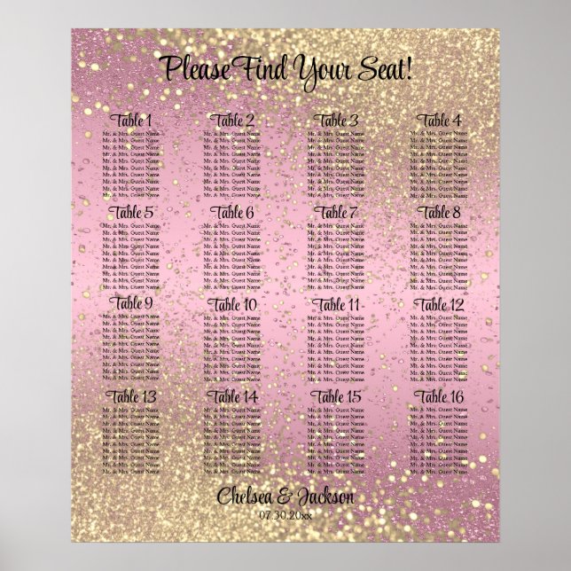 Poster Confetti rose et or - 16 Seating Chart (Devant)
