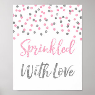 Poster Confettis argentés roses arrosés avec le signe