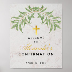 Poster Confirmation Welcome Green Gold Cross Marble