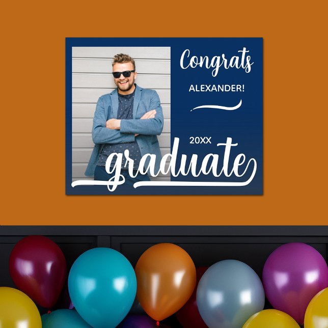 Poster Congrats Modernes Graduation Photo Bleu (Modern congrats blue graduation poster with your photo)