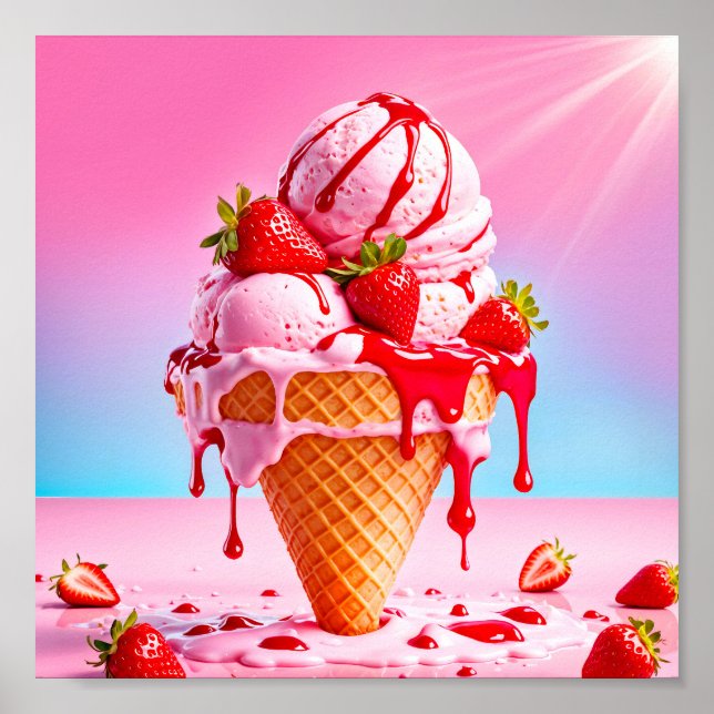 Poster Conne de crème glacée de fraise fondue (Devant)