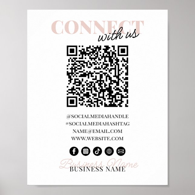 Poster Connectez-vous avec nous QR Code Pink Script Nom c (Devant)