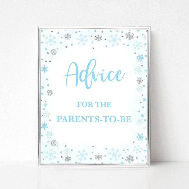Poster Conseils pour les parents d'être un signe bleu d'h (Winter Advice for the Parents to  Be Shower Sign, Blue & Silver Glitter Snowflakes Theme)