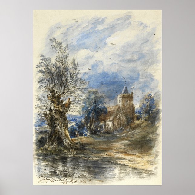 Poster Constable - Un Saule À Côté De L'Eau Une Église Au (Devant)