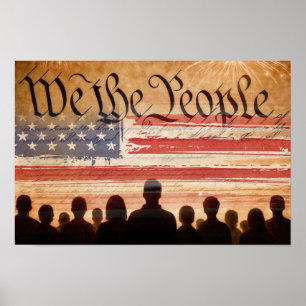 Poster Constitution des États-Unis avec drapeau et feux d