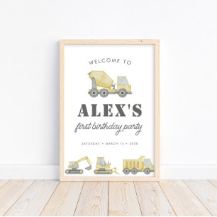 Poster Construction Véhicules Camion Garçons 1er annivers