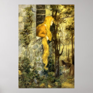 Poster Conte de fées vintage, Rapunzel avec cheveux longs