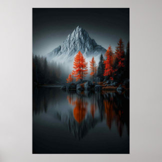 Poster Contraste Alpin : Pins enflammés au lac