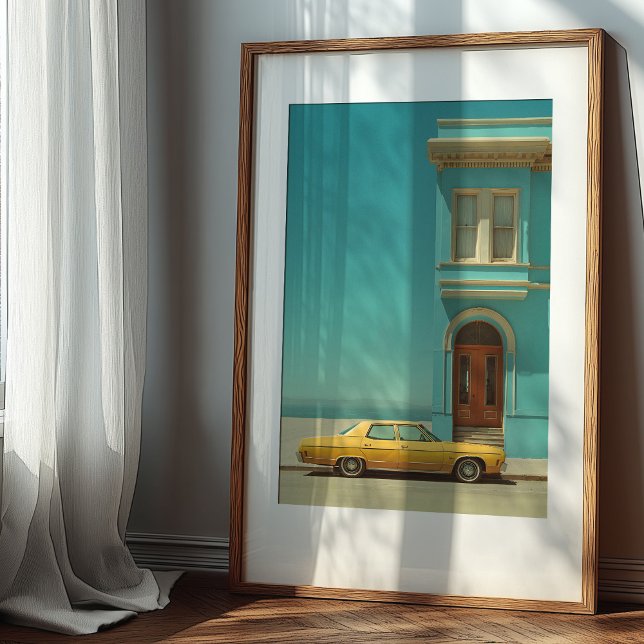 Poster Contraste côtier : Voiture Vintage jaune (Créateur téléchargé)