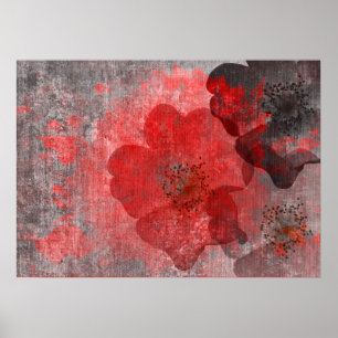 Poster Cool, art asiatique gris rouge unique de fleur de