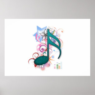 Poster Cool bleu grunge note musique étoiles fleurs tour