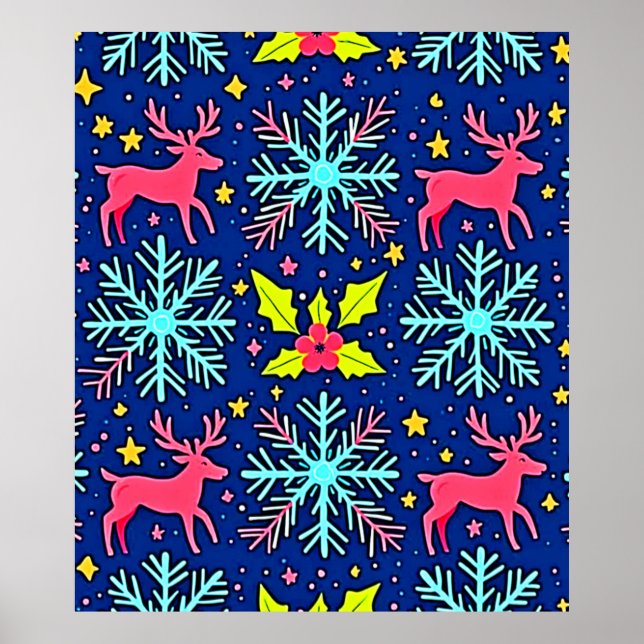 Poster Cool Blue Christmas Reindeer Pattern Design (Devant)