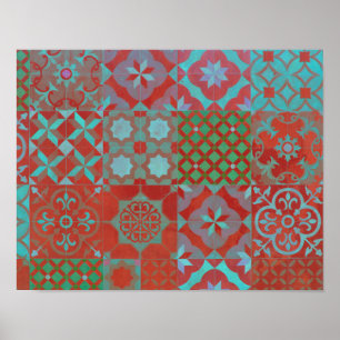 Poster Cool, carreaux de la mer Égée tendance en rouge et