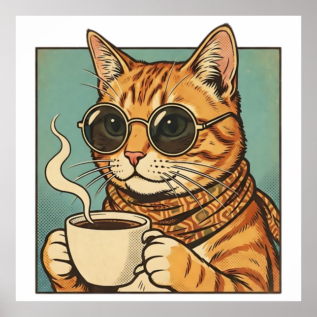 Poster Cool Cat Coffee Retro Style Design for Cat Lovers (Devant)