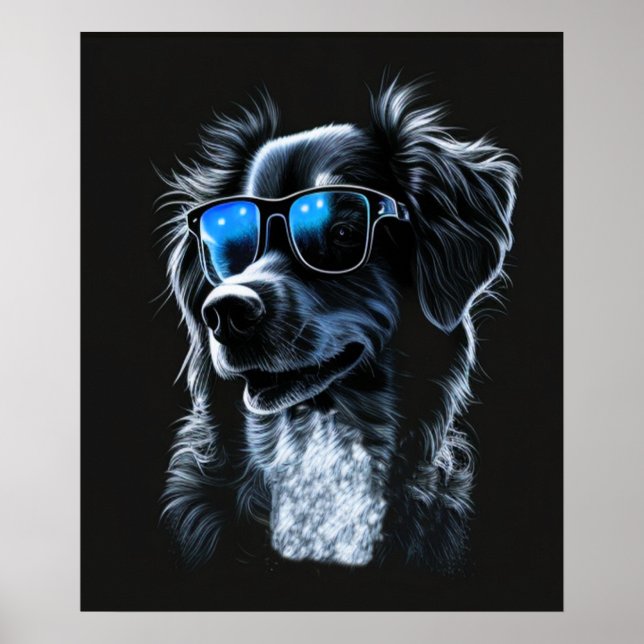 Poster cool dog wearing a pair of stylish sunglasses, (Devant)