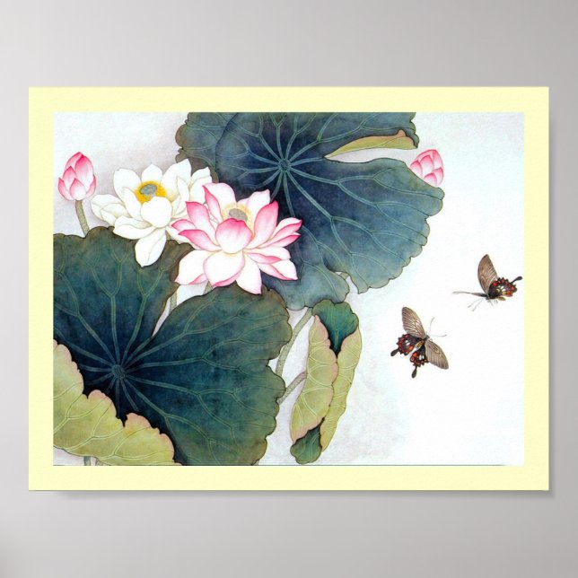 Poster cool feuille de lotus rose fleur papillon art (Devant)
